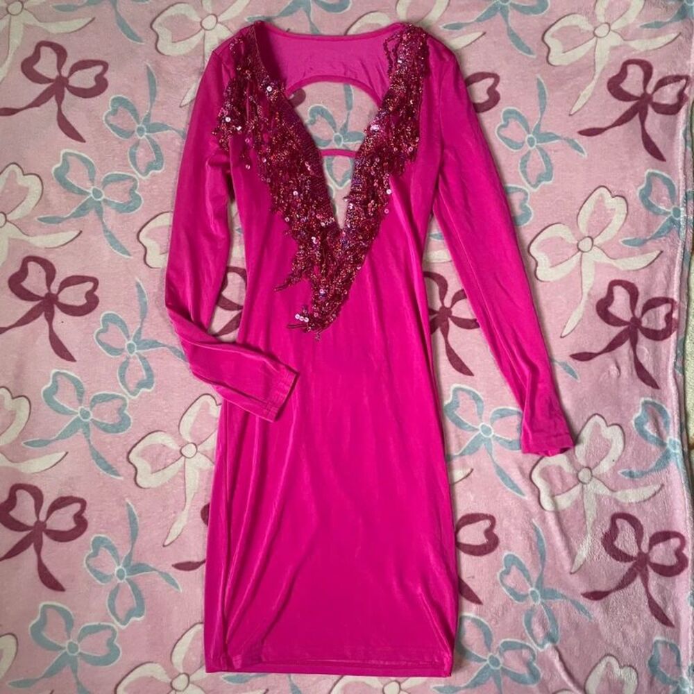 Pink Sequin Backless Bodycon Mini Dress Medium Y2K Clubwear Glam
